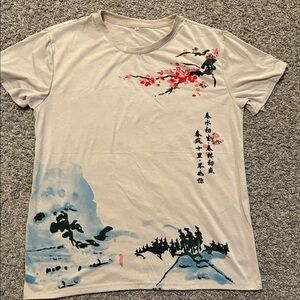 SHEIN Beige Artistic Tee with Floral and Scenic Print